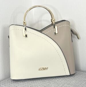 ZZMY Ivory Taupe Satchel Handbag Gold Handle Crossbody Purse Charm New